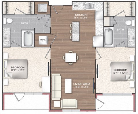 Floor plan for 2 beds, 2 baths, 1028 sqft
